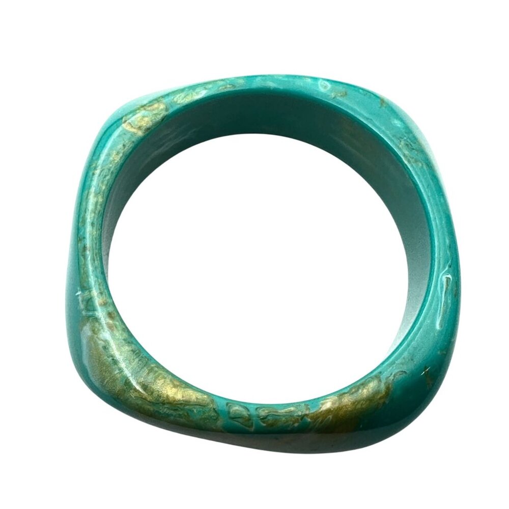 Gold Turquoise Swirl Lucite Wide Bangle Bracelet Retro Chic Style Stackable